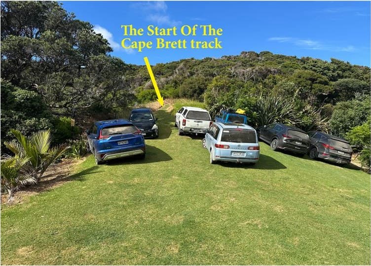 Cars parked in the gated lot above Oke Bay, native bush behind, with a yellow marker pointing to the start of the Cape Brett Track.