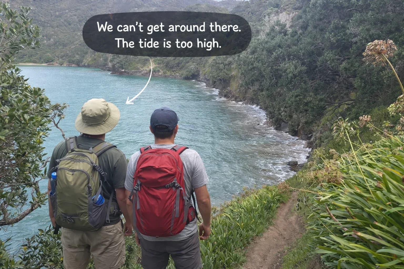 Two trampers looking out from the Oke Bay coastline at a stretch made impassable by high tide.