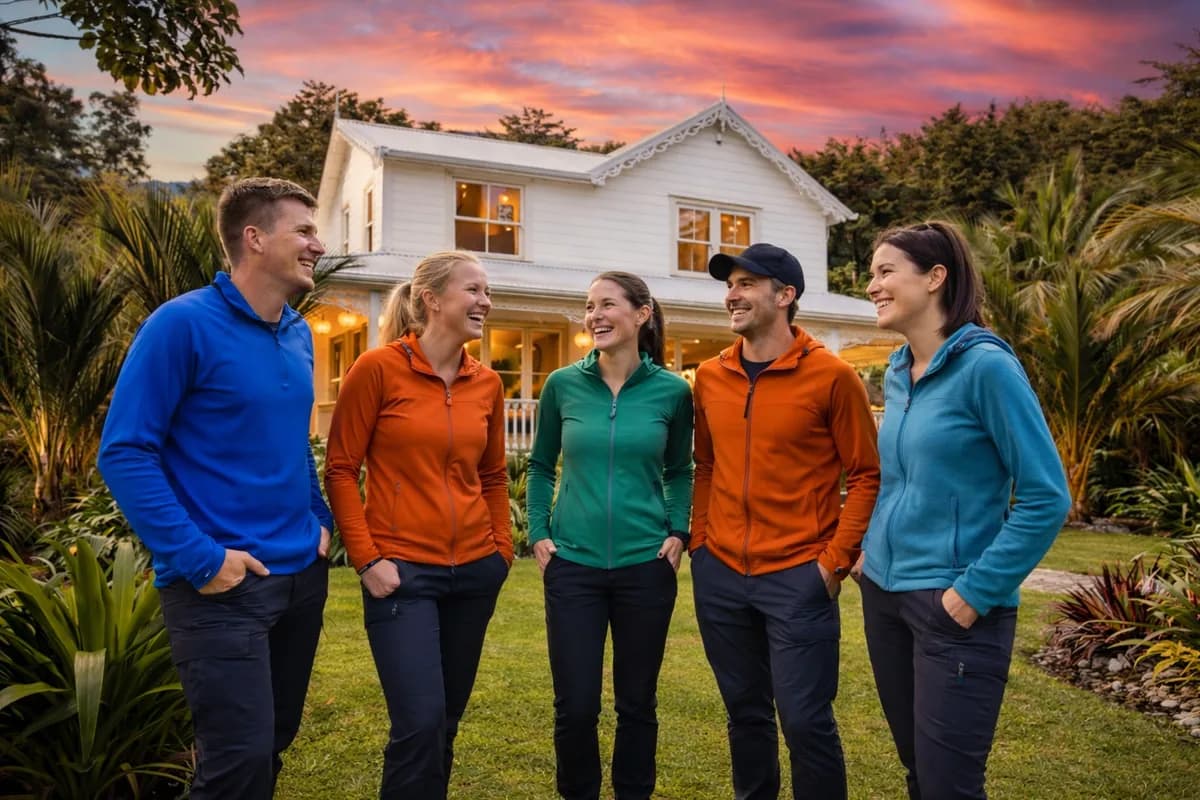 A group of trampers in colourful jackets laughing on the lawn in front of Oke Bay Lodge at dusk.